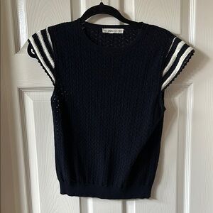 Zara Navy Knit Top with Striped Sleeves